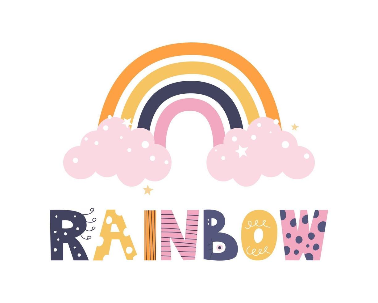 arc-en-ciel mignon coloré avec étoiles de nuages roses et lettrage de style doodle vector illustration de dessin animé plat décor pour affiches pour enfants cartes postales vêtements et intérieur