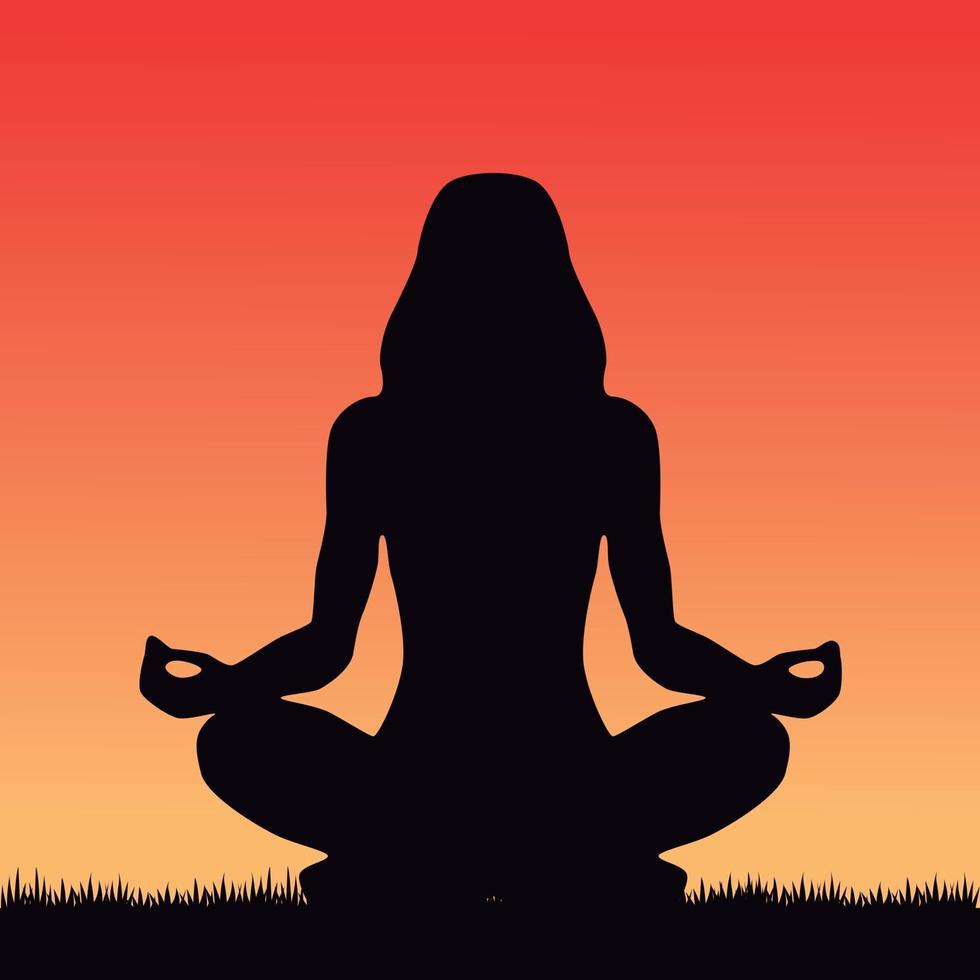 silhouette de jeune femme pratiquant le yoga au coucher du soleil vecteur