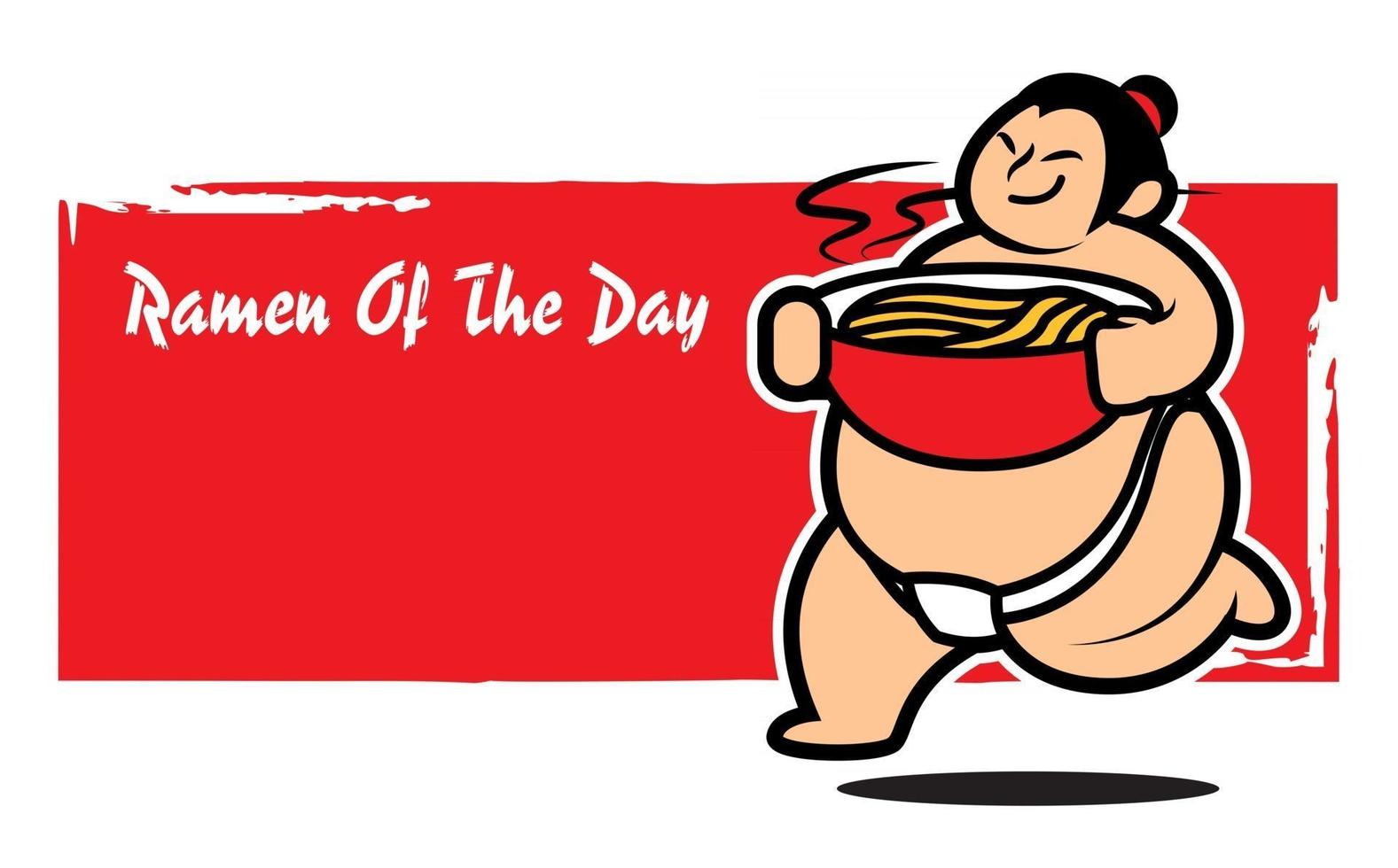 Sumo japonais tenant un bol de nouilles rouge avec panneau de menu rouge vecteur