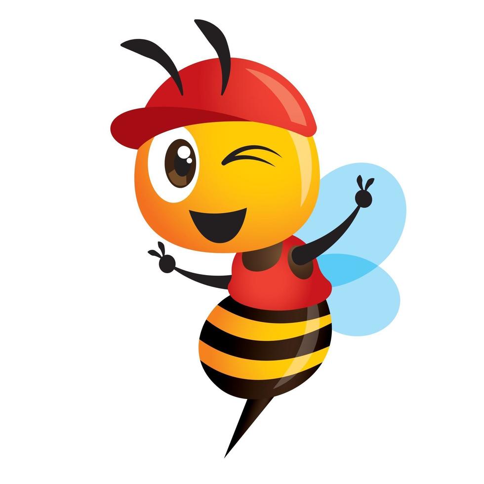 dessin animé mignon abeille portant bonnet rouge montrant le signe de la main de la victoire vecteur