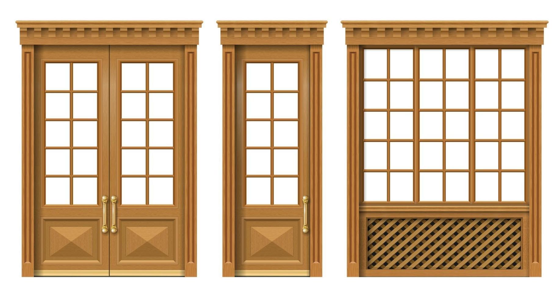 ensemble de porte française de fenêtre en bois classique vecteur