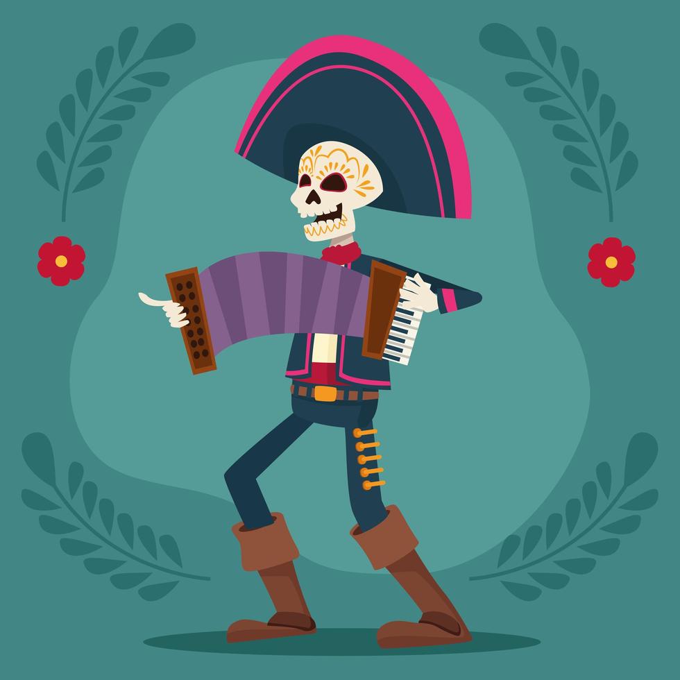 Carte de célébration dia de los muertos avec squelette de mariachi jouant de l'accordéon vecteur