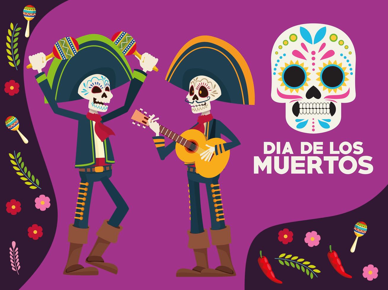 Carte de lettrage de célébration dia de los muertos avec squelettes mariachis et fleurs vecteur