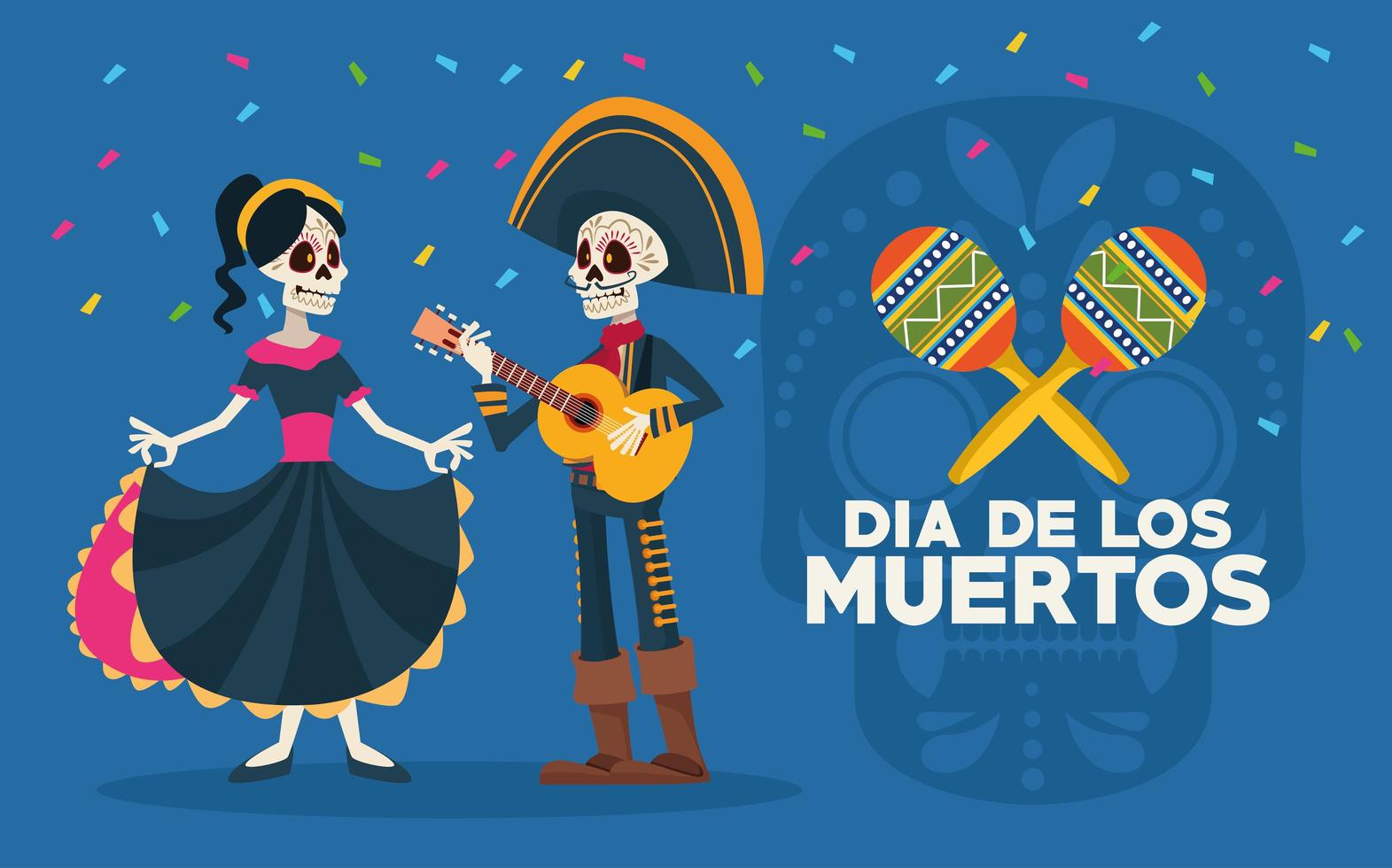 Carte de lettrage de célébration dia de los muertos avec couple de squelettes et instruments vecteur