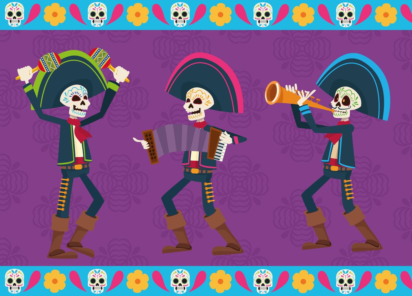 carte de célébration dia de los muertos avec squelettes mariachis vecteur