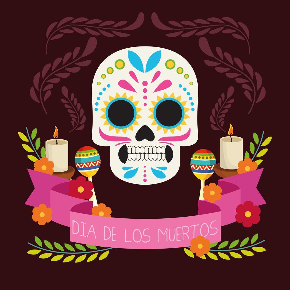 affiche de célébration de dia de los muertos avec tête de crâne et maracas vecteur