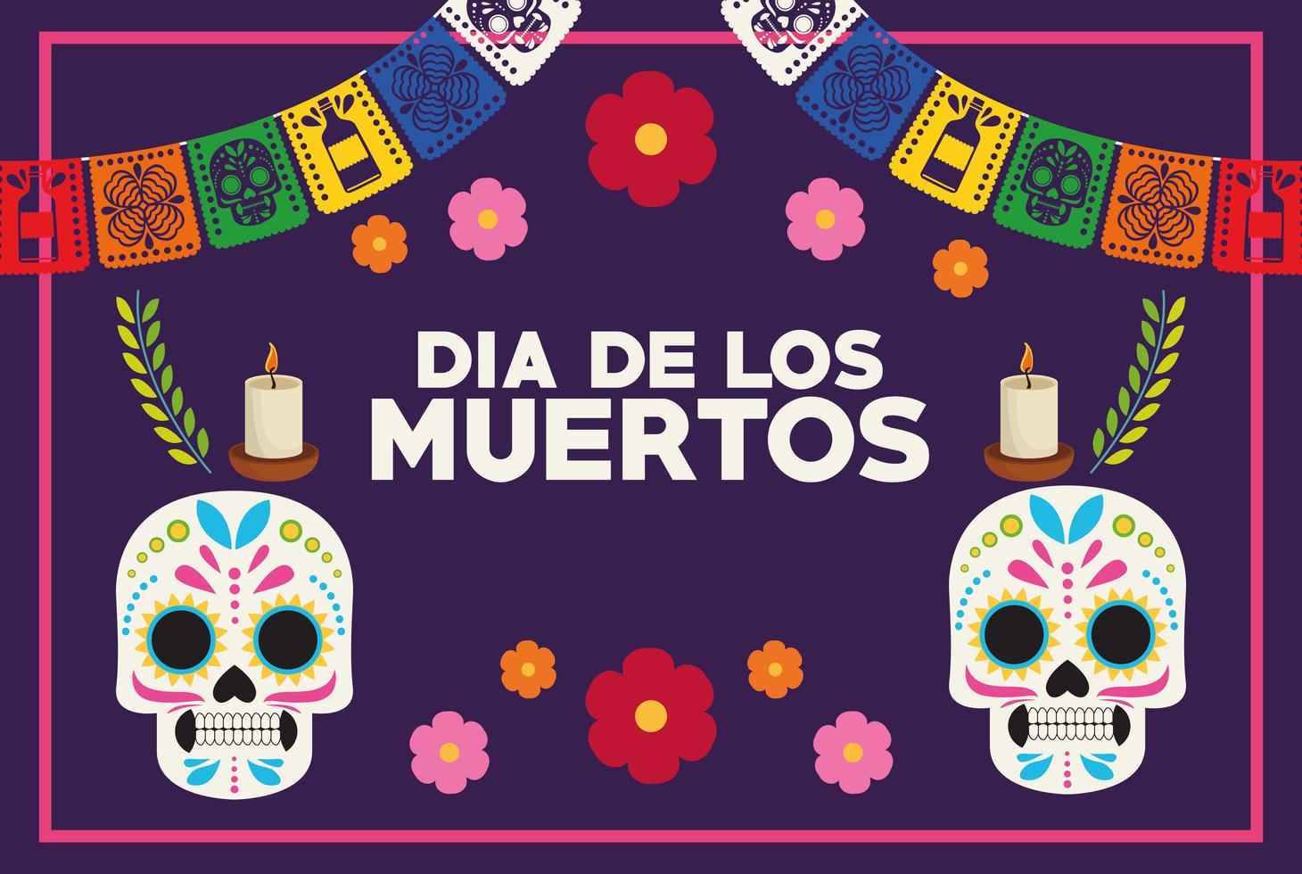 affiche de célébration dia de los muertos avec couple de crânes et guirlandes vecteur