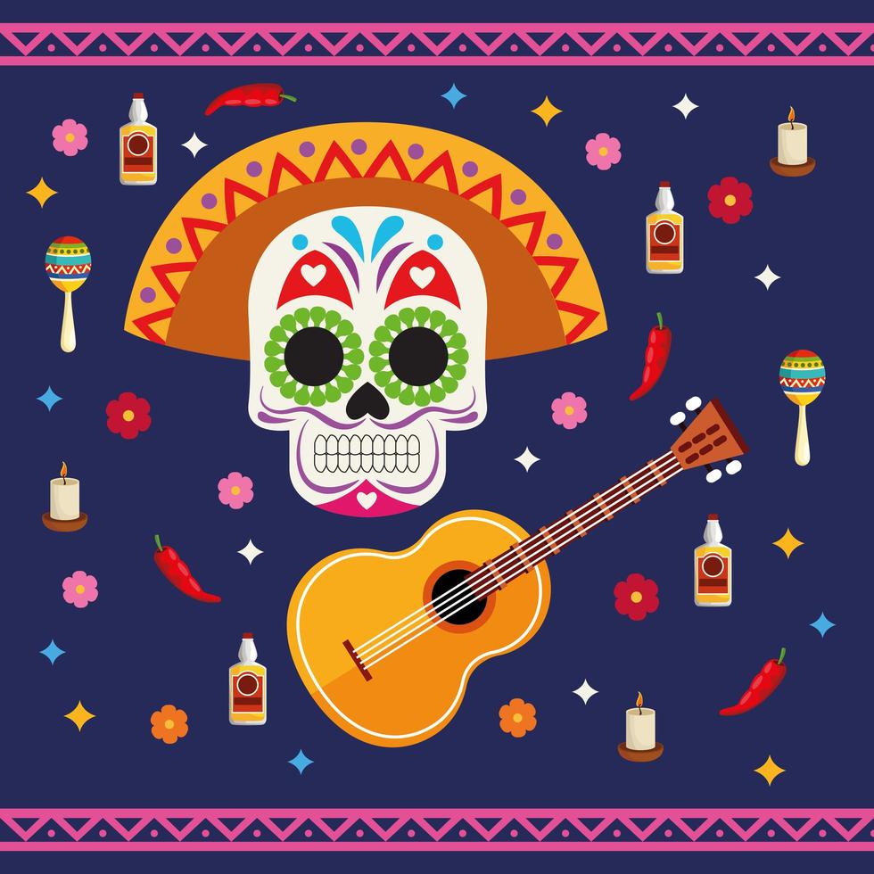 affiche de célébration de dia de los muertos avec tête de crâne et guitare vecteur