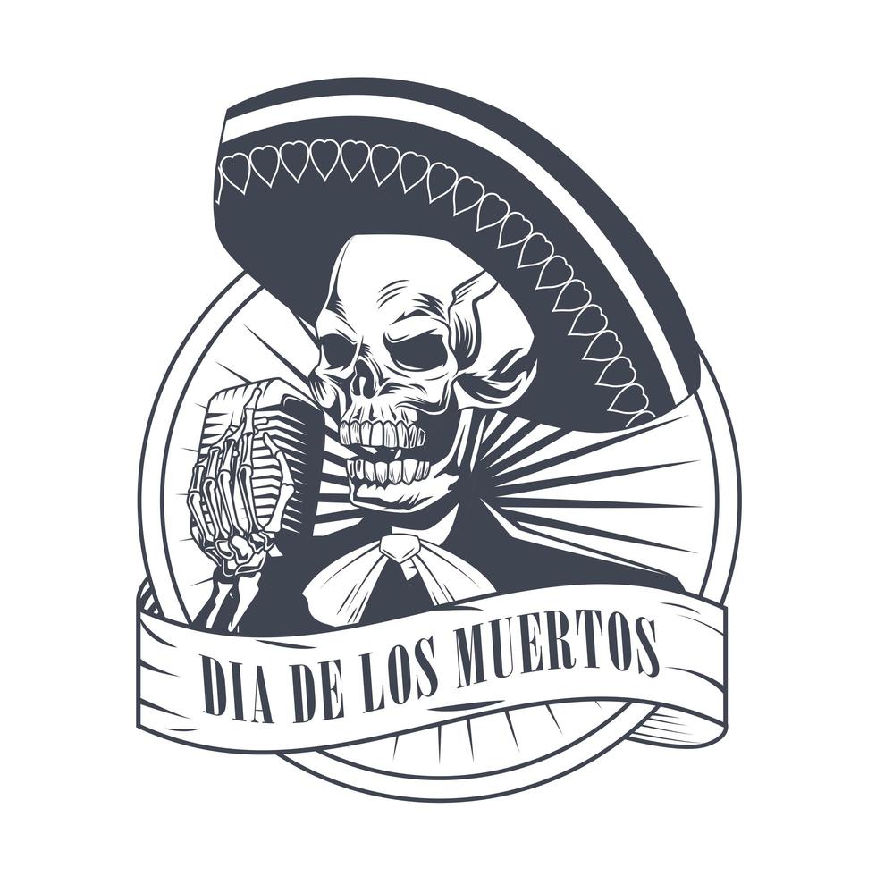 affiche de dia de los muertos avec crâne de mariachi chantant avec dessin de microphone vecteur