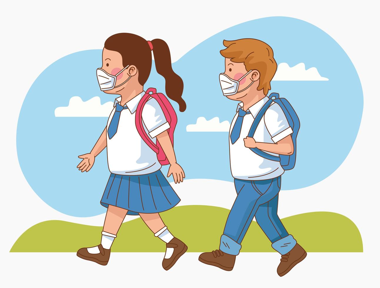 Covid préventif à l'école avec petit couple d'étudiants marchant vecteur