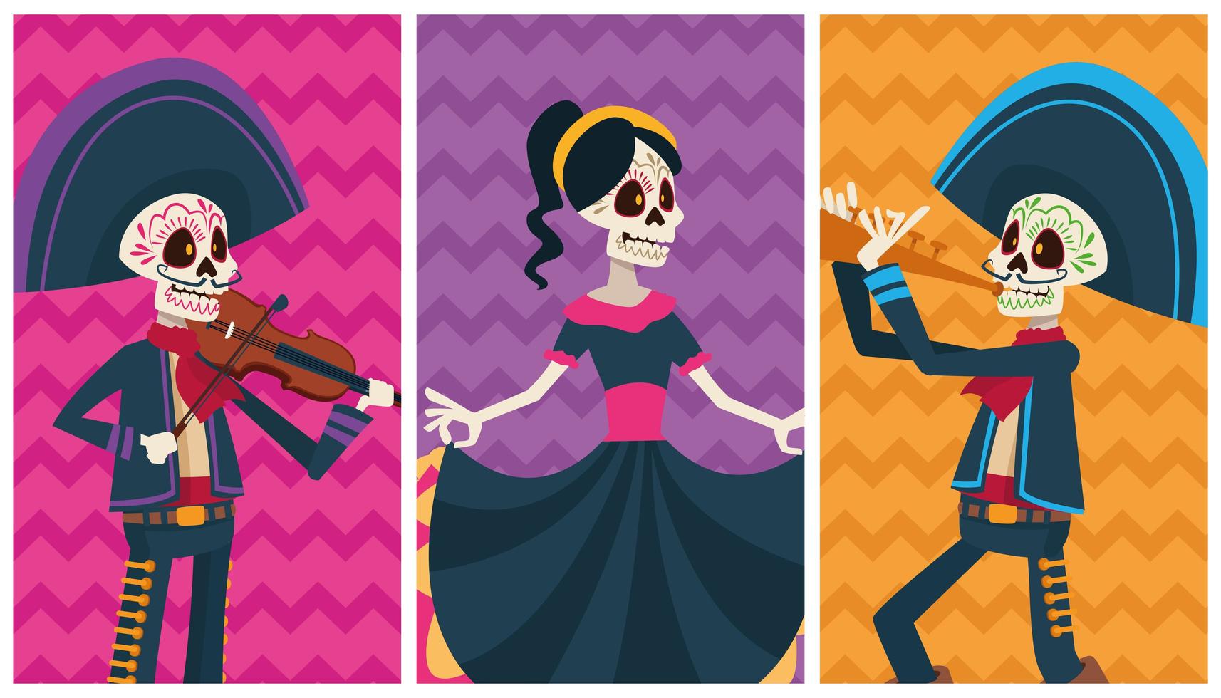 carte de célébration dia de los muertos avec des personnages de couleurs de groupe de squelettes vecteur