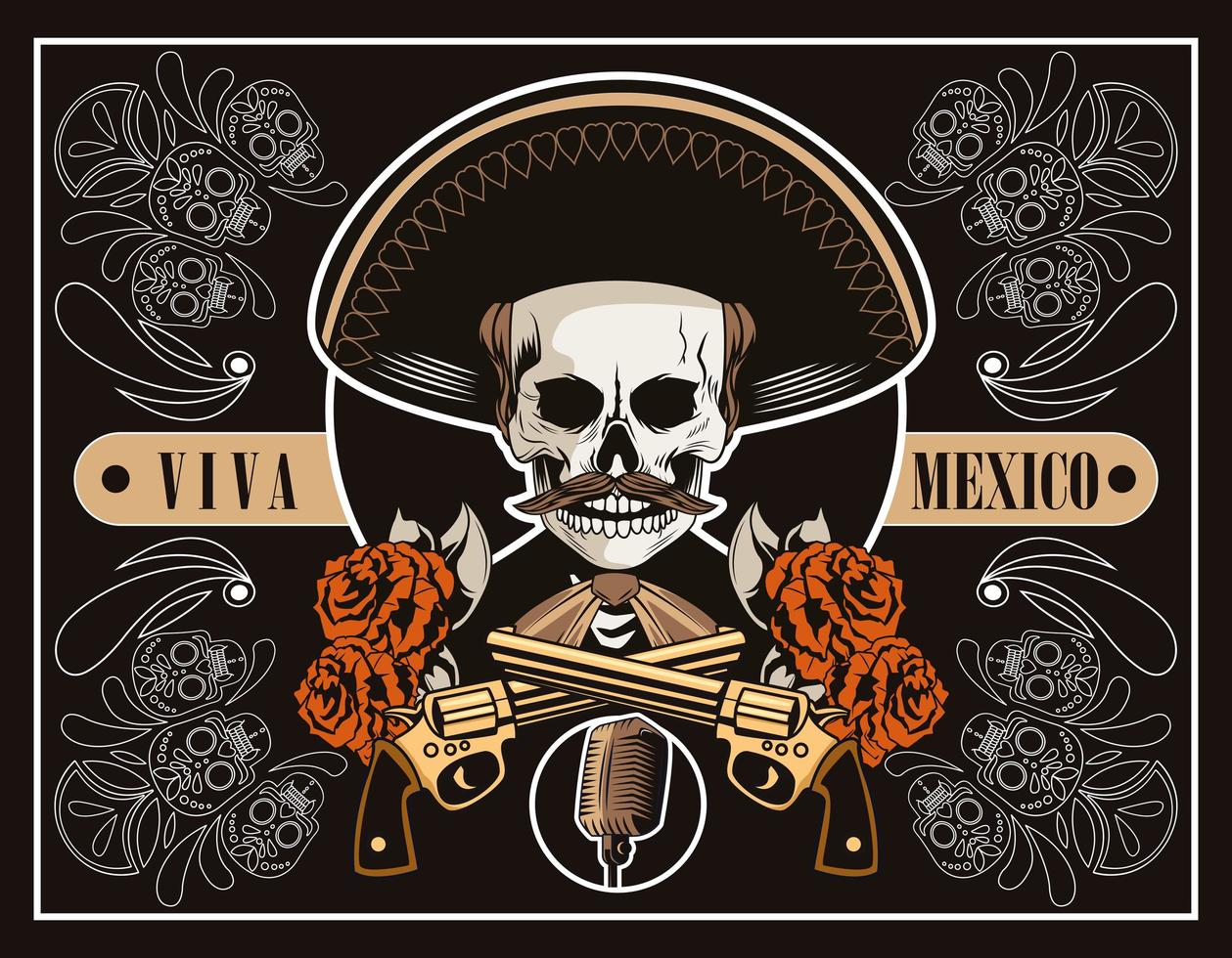 affiche de dia de los muertos avec crâne de mariachi et fusils croisés en marron poster vecteur