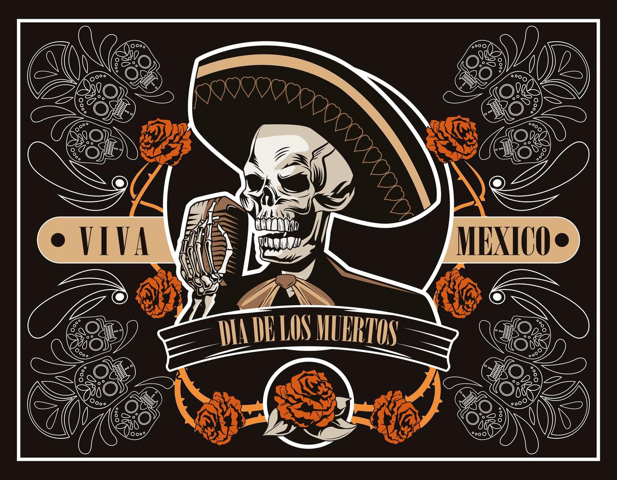 affiche dia de los muertos avec crâne de mariachi chantant avec microphone en marron affiche vecteur