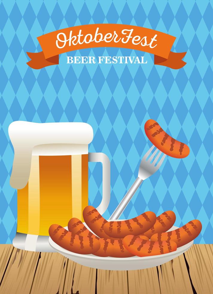 bonne fête oktoberfest avec pot de bière et saucisses vecteur