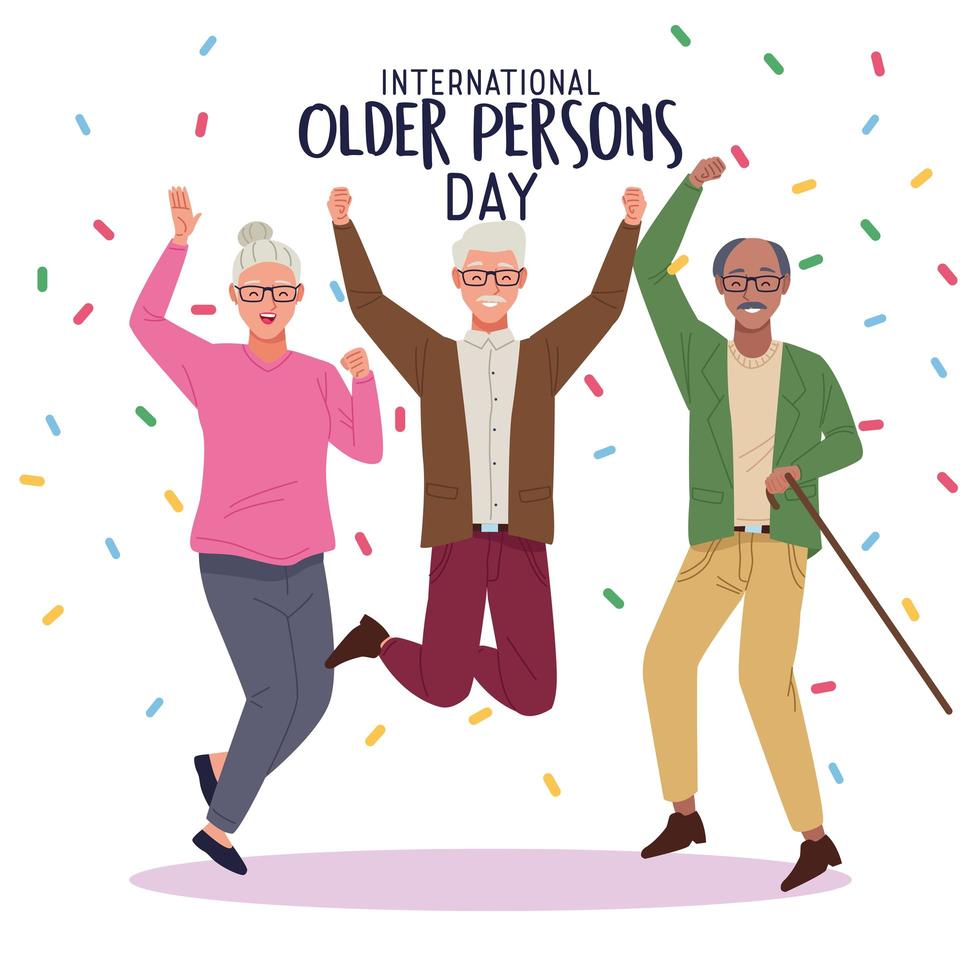 journée internationale des personnes âgées lettrage avec des personnes âgées sautant célébrant et confettis vecteur