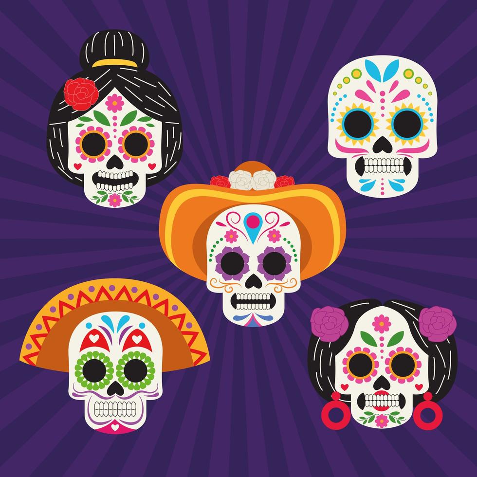 affiche de célébration dia de los muertos avec groupe de têtes de crânes vecteur