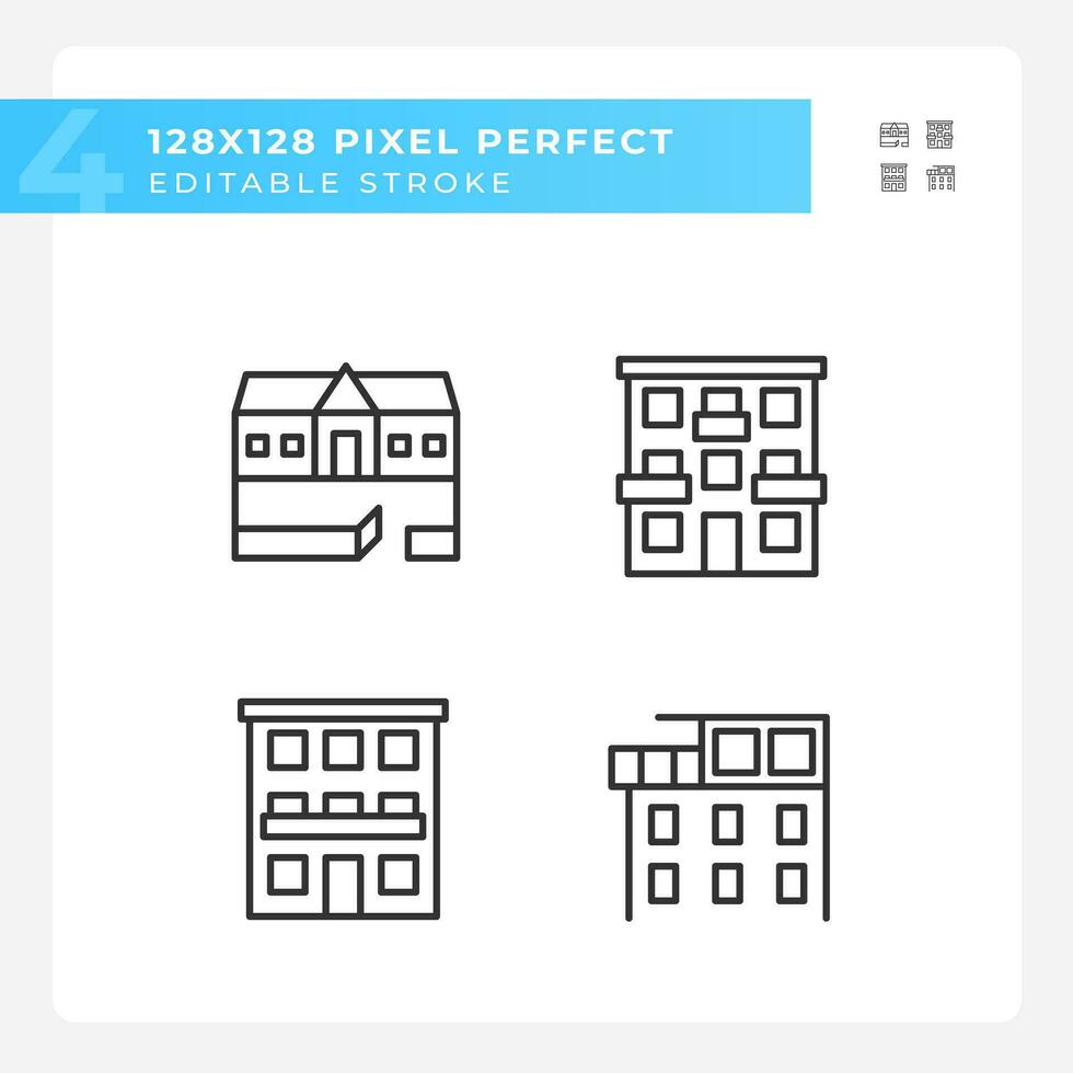 appartement les types pixel parfait linéaire Icônes ensemble. ranch maison. condominium plat. luxe penthouse. réel domaine. personnalisable mince ligne symboles. isolé vecteur contour illustrations. modifiable accident vasculaire cérébral