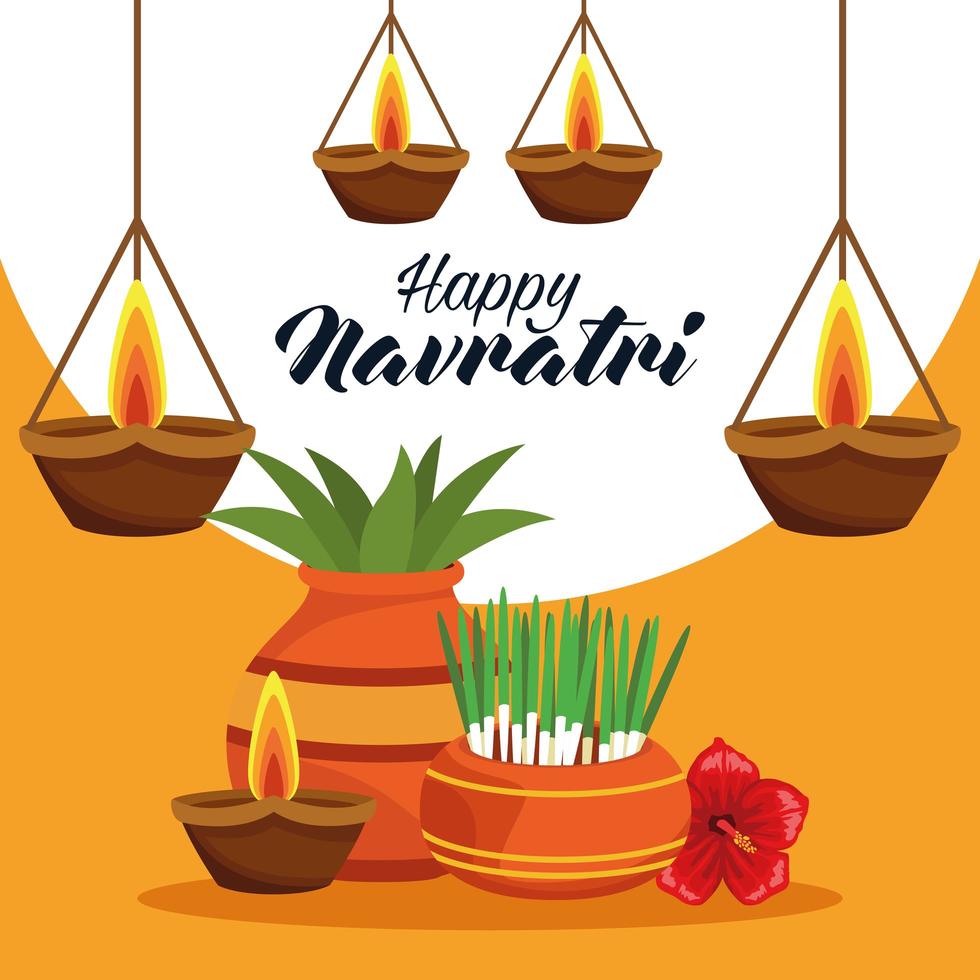 carte de célébration joyeux navratri avec des plantes d'intérieur et des bougies vecteur