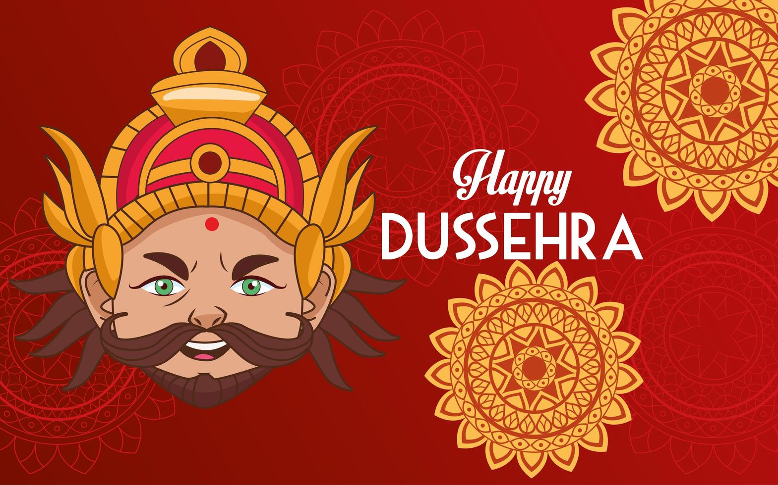 affiche du festival de dussehra heureux avec tête de ravana et mandalas vecteur