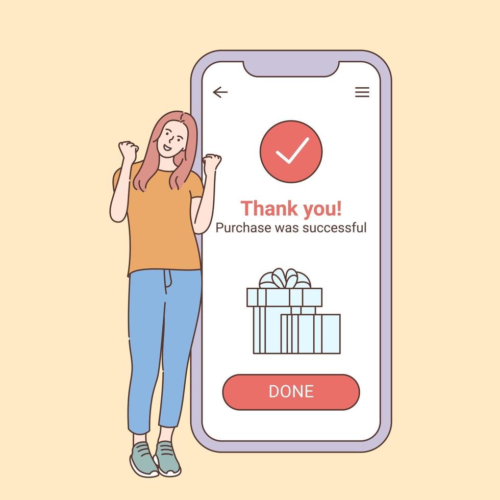 paiement en ligne et concept d'achat réussi fille femme se réjouit du succès et de la confirmation de la commande d'achat de choses et de biens dans une boutique en ligne sur smartphone vecteur