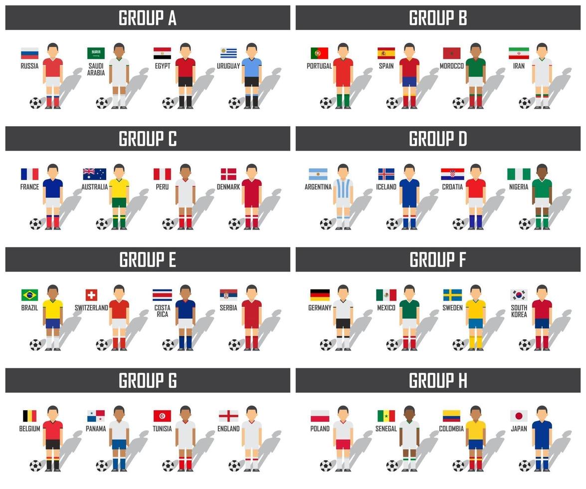 le groupe d'équipe de la coupe de football 2018 a mis des joueurs de football avec un uniforme de maillot et des drapeaux nationaux vecteur pour le tournoi de championnat du monde international