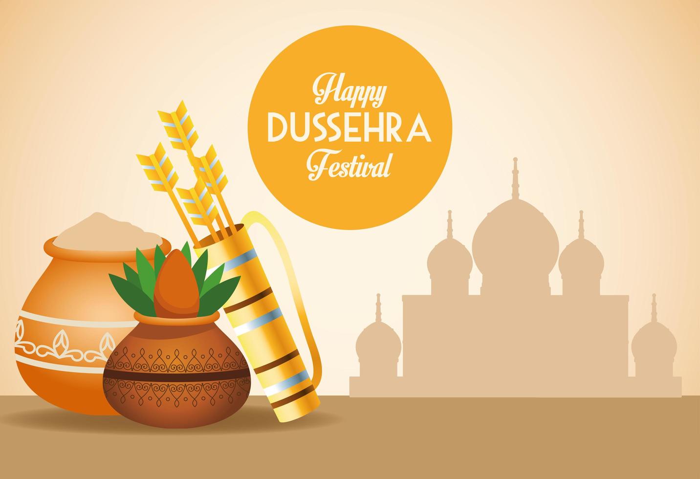 affiche du festival dussehra heureux avec sac de flèches et pot en céramique dans la mosquée vecteur