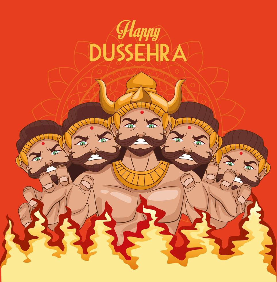 affiche du festival dussehra heureux avec dix têtes de ravana et de flammes de feu vecteur