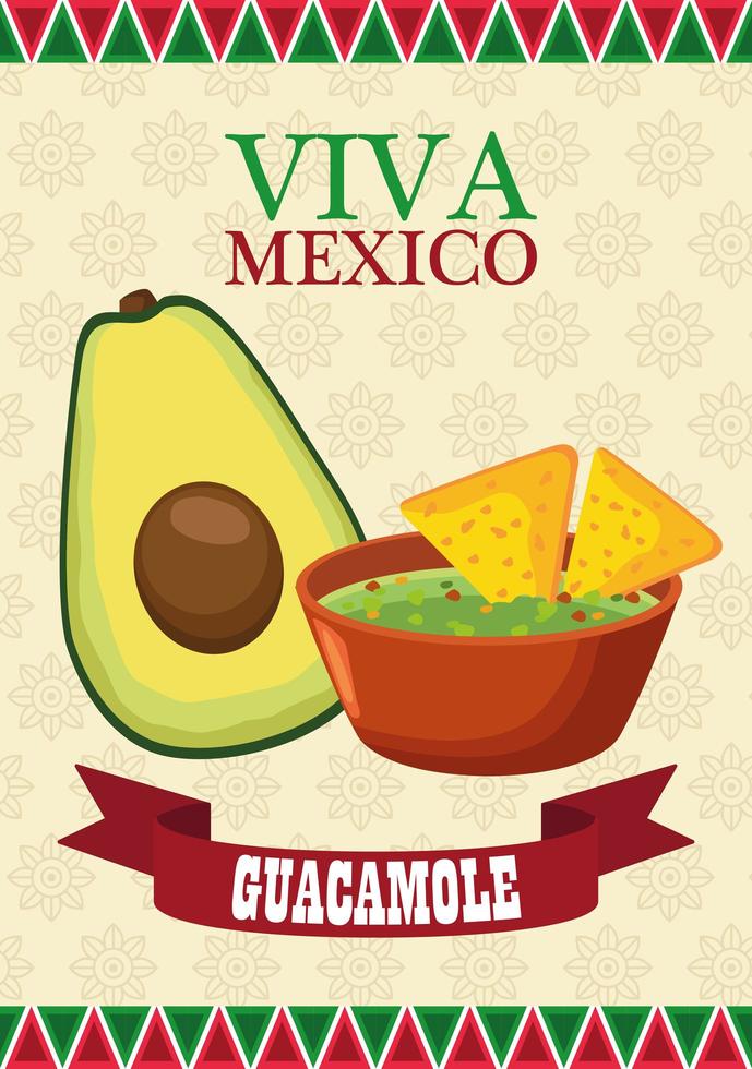 lettrage viva mexico et affiche de cuisine mexicaine avec avocat et guacamole vecteur