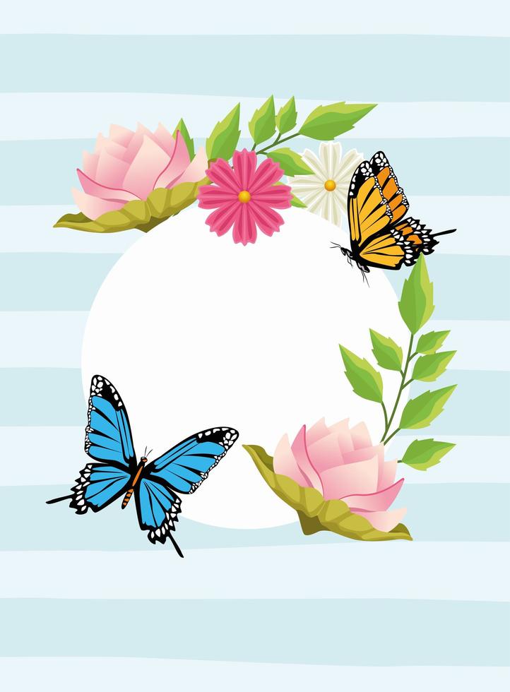 fond floral dans un cadre circulaire avec des fleurs et des papillons vecteur