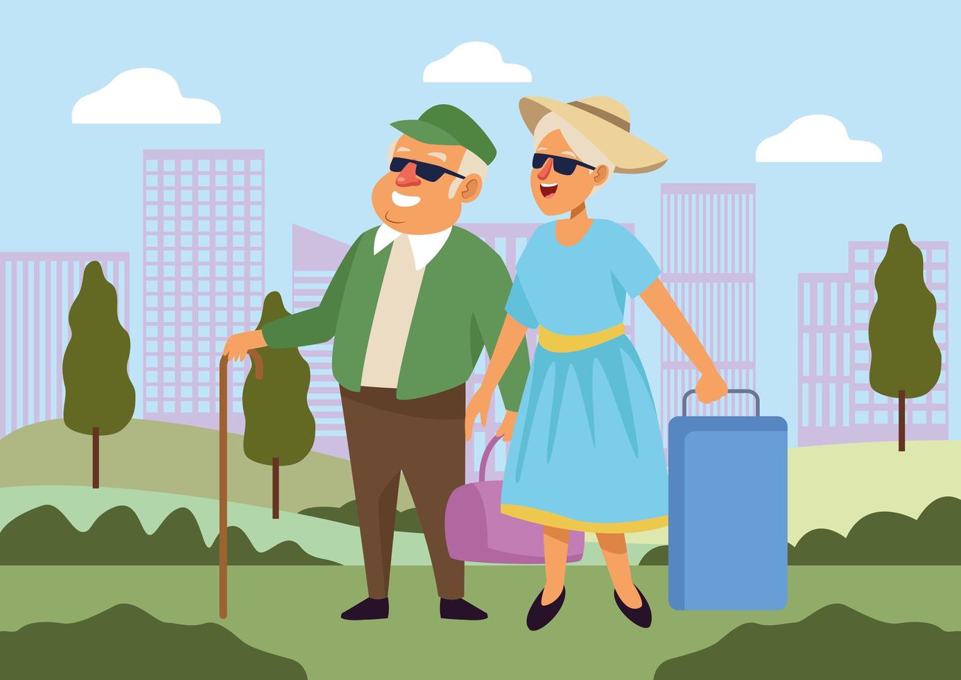 vieux couple avec valises dans le paysage personnages seniors actifs vecteur