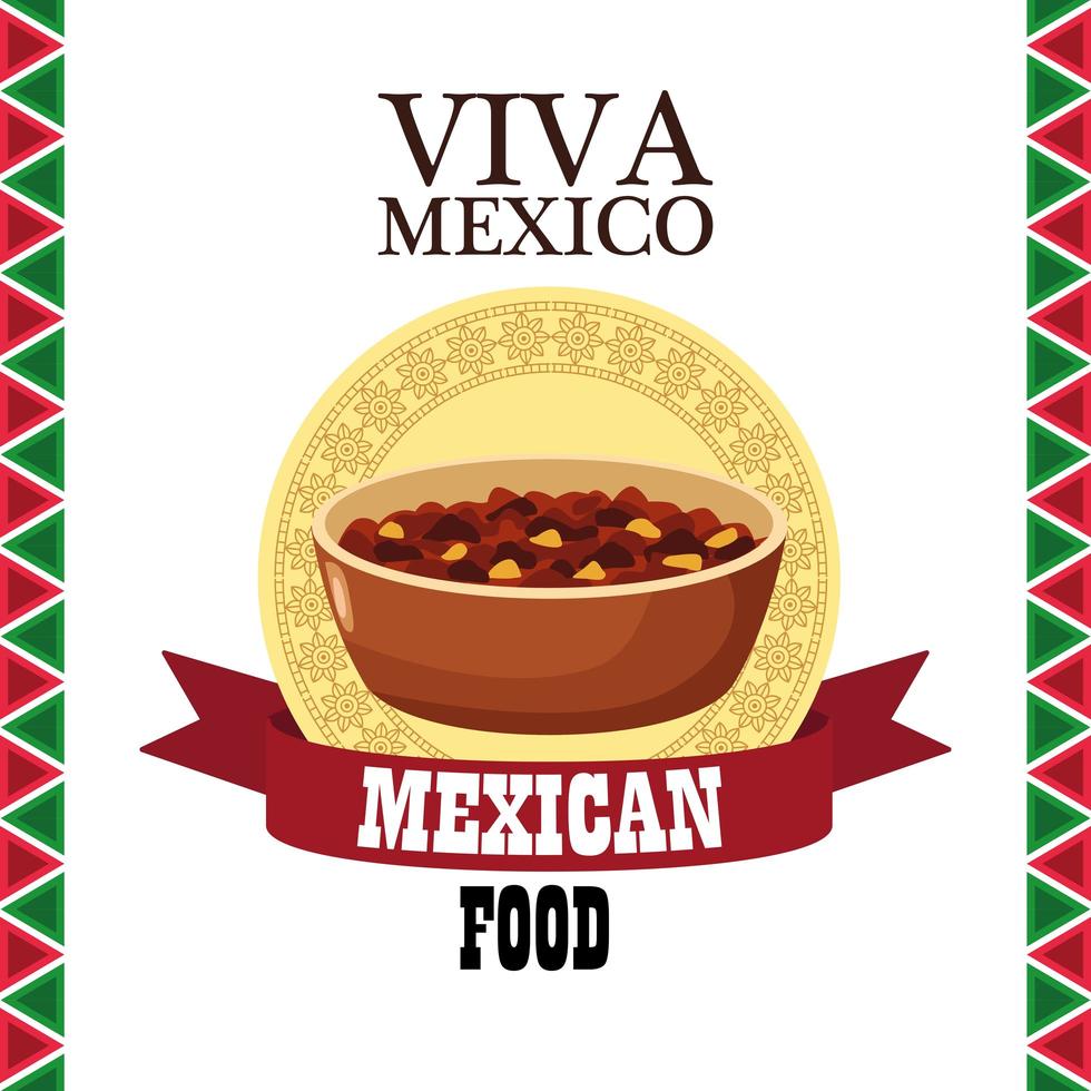 lettrage viva mexico et affiche de cuisine mexicaine avec haricots frits dans un cadre en ruban vecteur