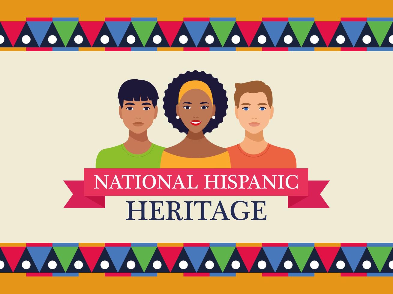 lettrage de célébration du patrimoine national hispanique avec des personnes et un cadre en ruban vecteur
