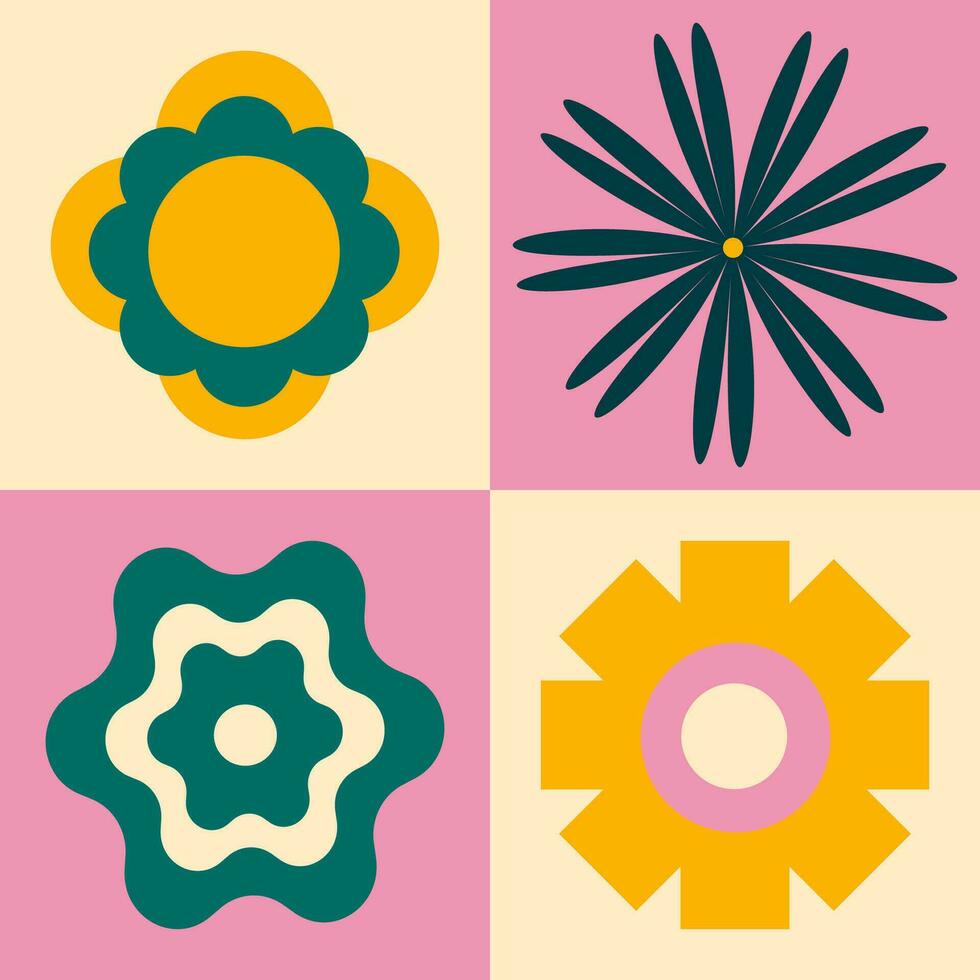 branché ancien carré affiche dans rétro couleurs. multicoloreavec espiègle couleurs et géométrie, brillant blocs et fleurs, Jaune vert et rose. affiche dans le style de le années 90, y2k. vecteur