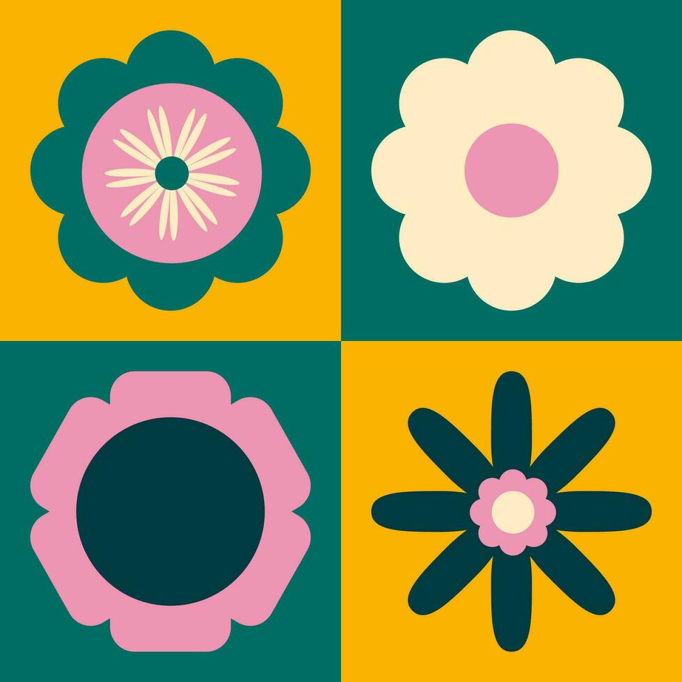branché ancien carré affiche dans rétro couleurs. multicolore brillant blocs et fleurs, Jaune vert et rose. affiche dans le style de le années 90, y2k. vecteur