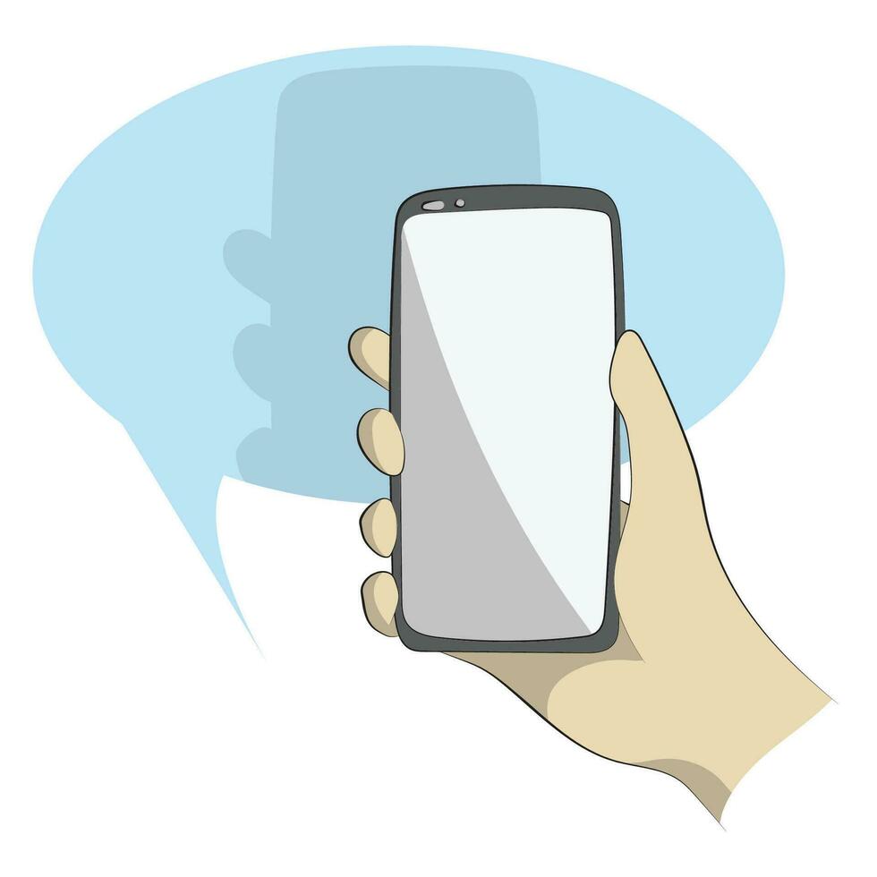ligne art fermer main en portant téléphone intelligent sur bleu discours bulle illustration vecteur main tiré isolé sur blanc Contexte