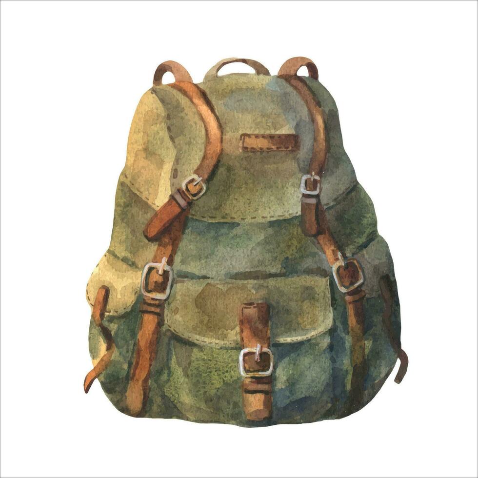 aquarelle vecteur illustration, ancien sac à dos isolé sur blanc Contexte. Voyage sac pour aventure ou camping. dessin de bagage pour tourisme voyage ou randonnée.