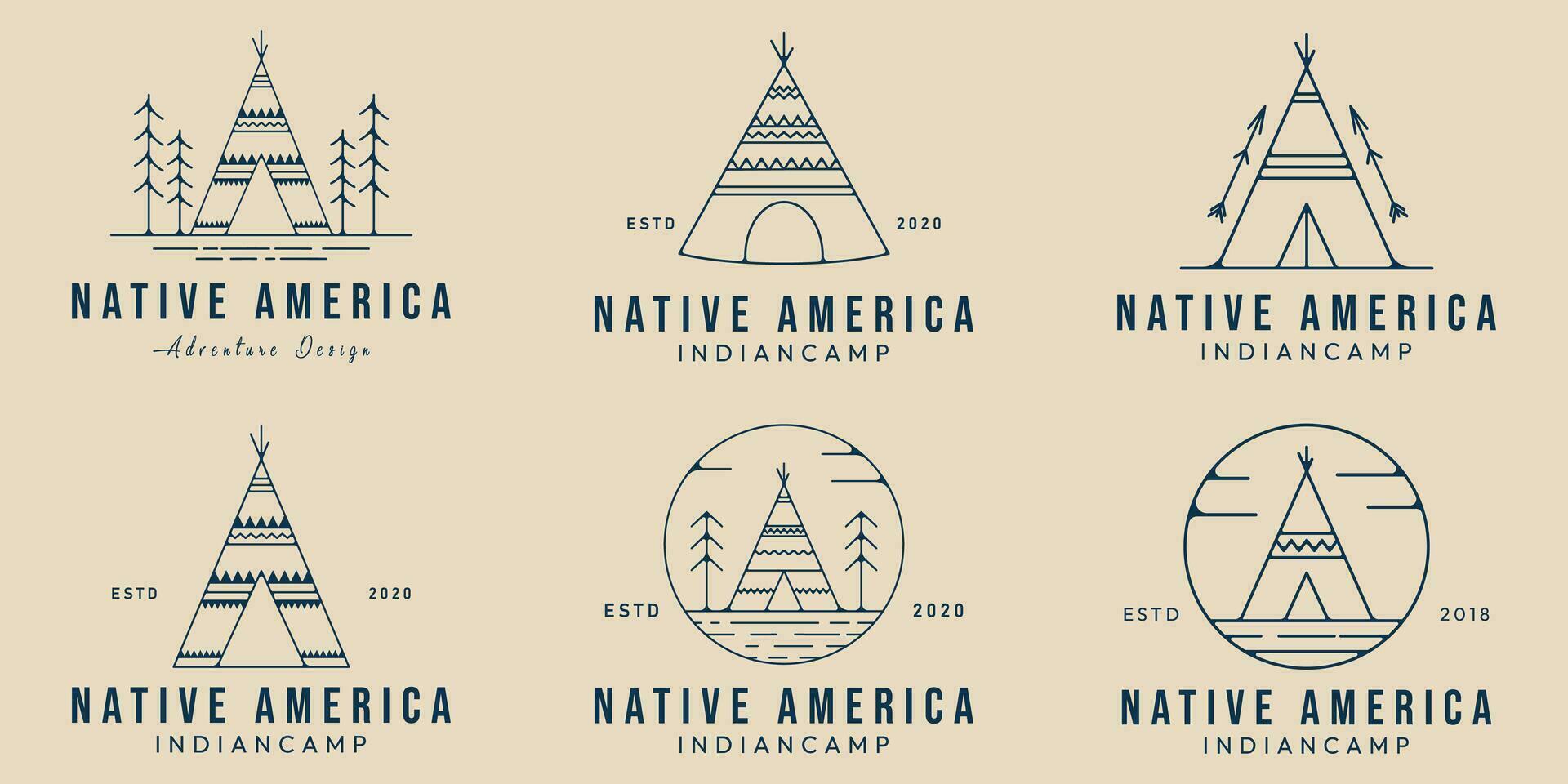 ensemble Indien camp ligne art logo originaire de culture icône et symbole vecteur illustration conception