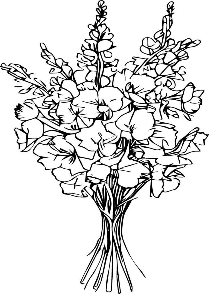 bouquet de delphinium fleur main tiré crayon esquisser coloration page et livre pour adultes, isolé sur blanc Contexte larkspur floral élément illustration encre art. vecteur