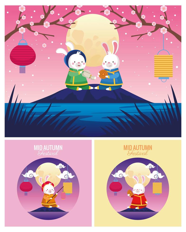 cartes de mi-automne avec des scènes de lapins et de lunes vecteur