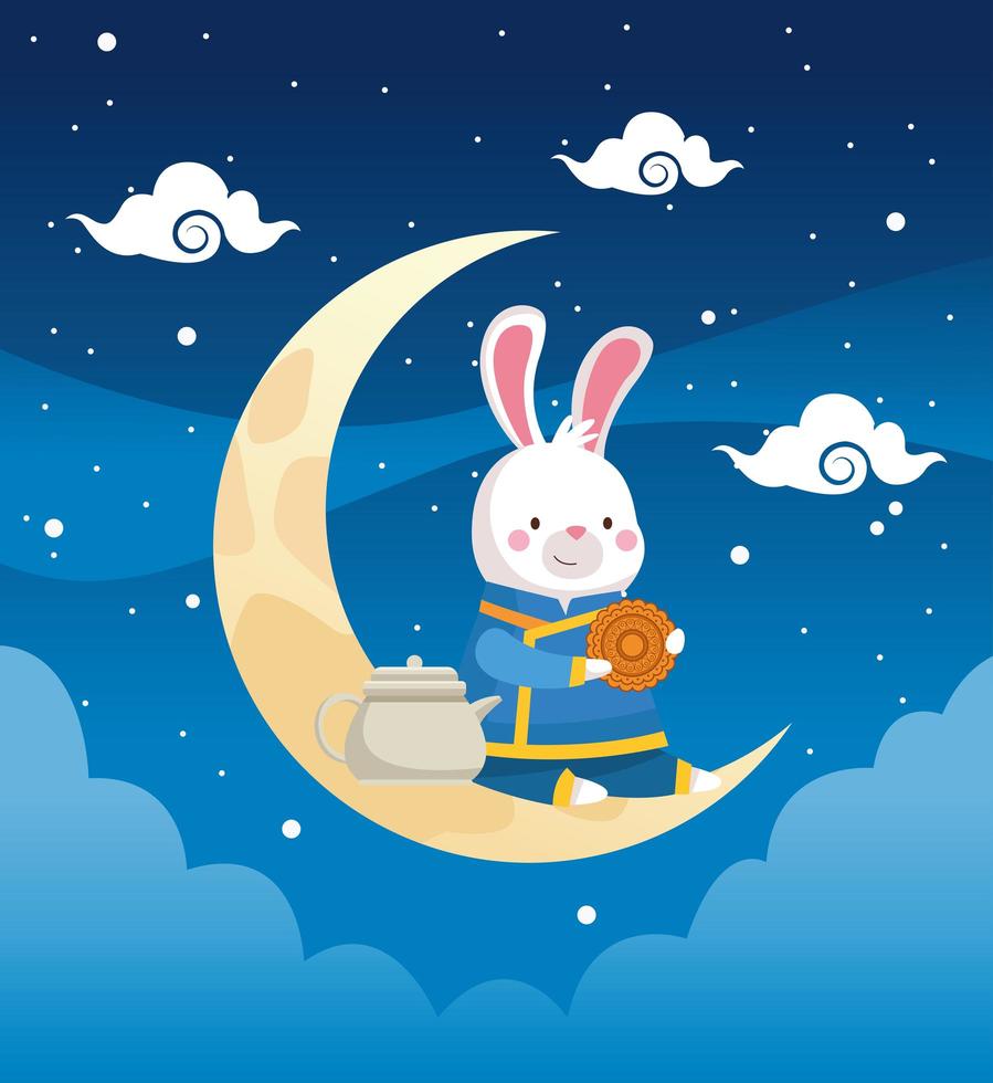carte de mi-automne avec lapin dans une scène de croissant de lune vecteur