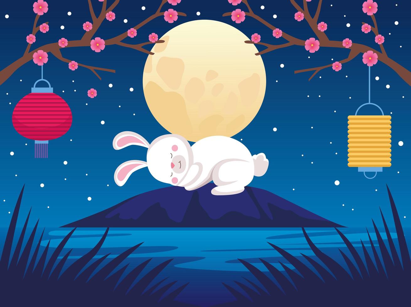 carte de célébration de la mi-automne avec lapin et pleine lune vecteur
