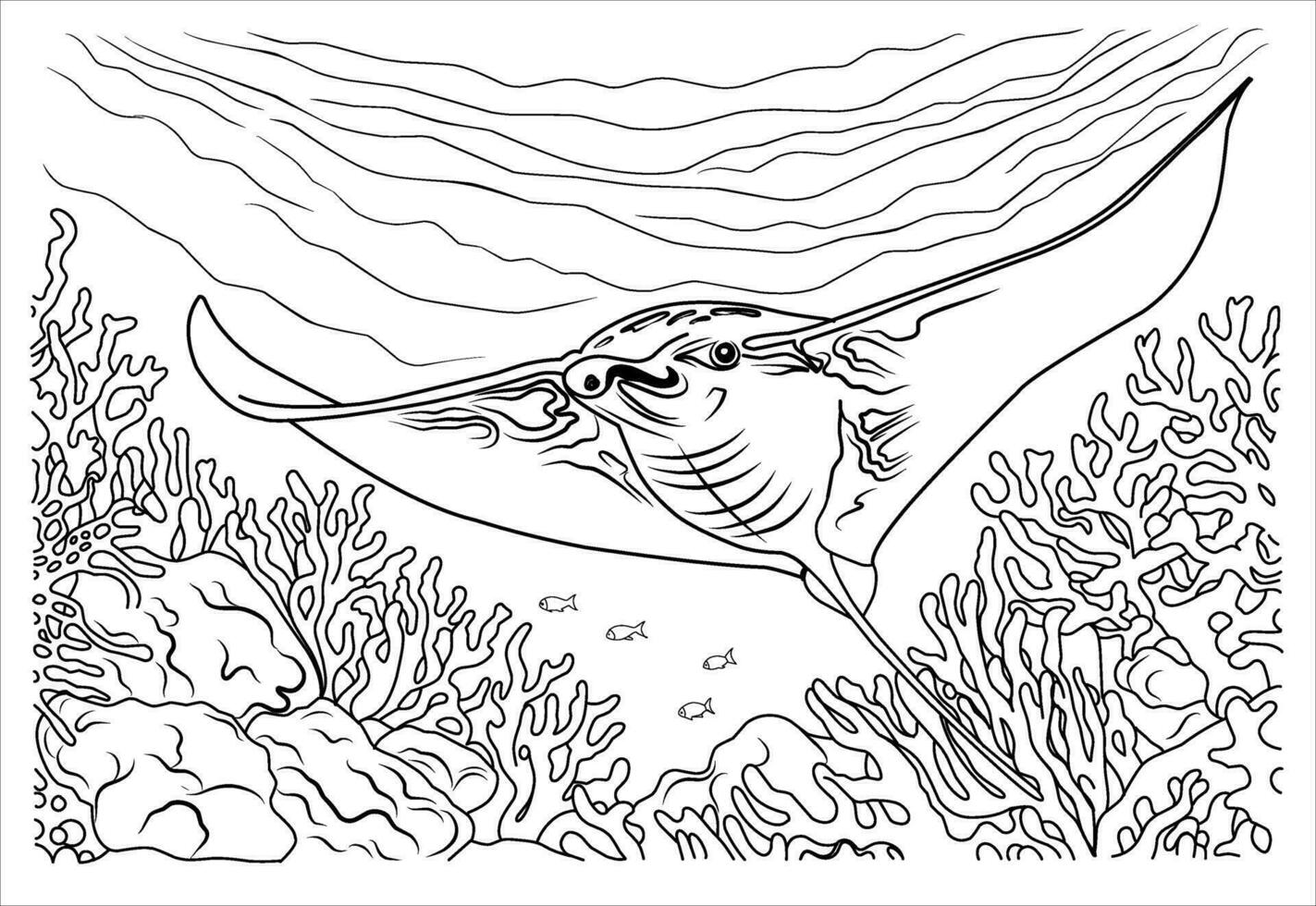 Profond mer manta rayon coloration page. dessin animé Raie linéaire illustration pour coloration vecteur