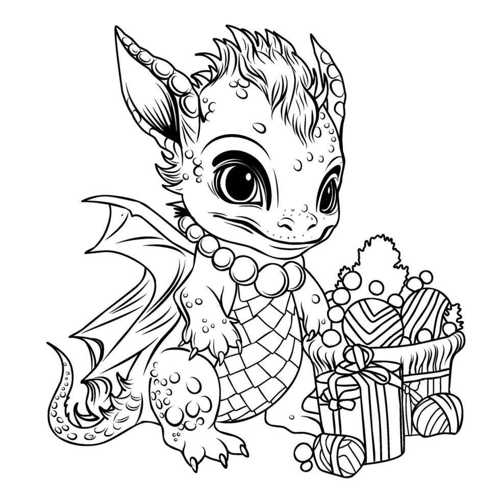 symbole de 2024 dragon année.coloriage page de mignonne bébé dragon avec cadeaux et guirlande vecteur