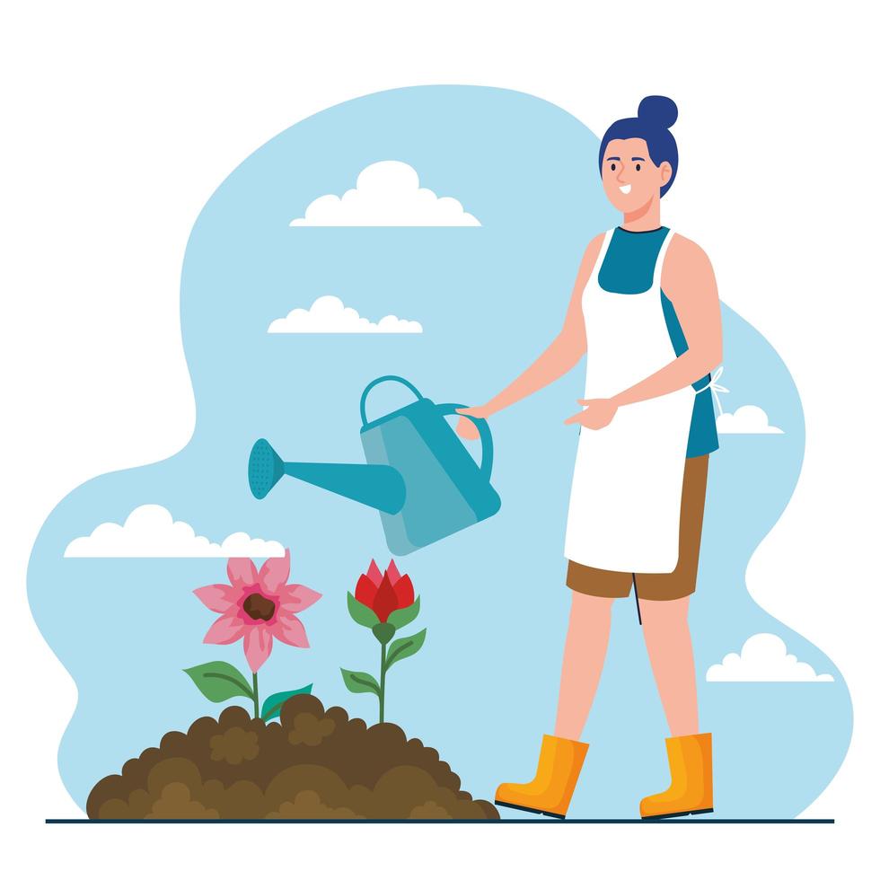 femme de jardinage avec arrosoir et dessin vectoriel de fleurs