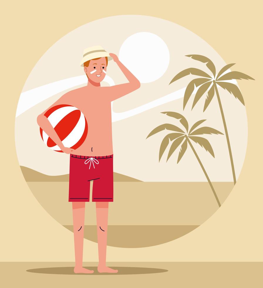 homme portant un costume de plage avec un personnage de ballon de plage vecteur