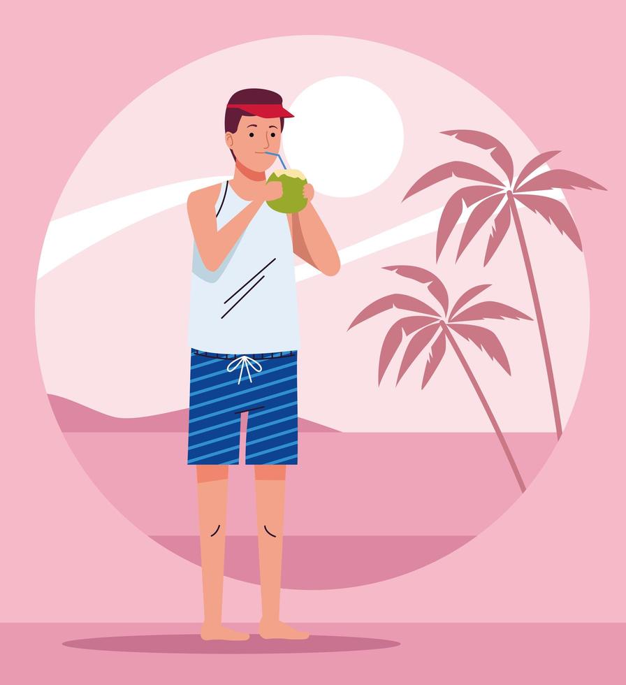 homme portant un costume de plage buvant un personnage de cocktail à la noix de coco vecteur