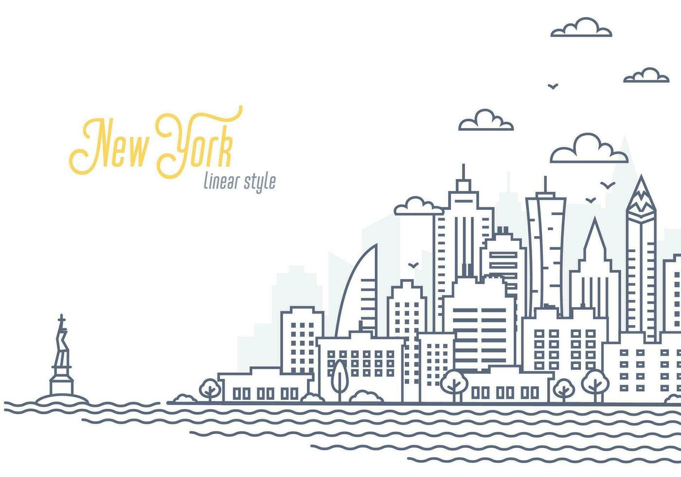 Nouveau york ville paysage modèle. mince ligne paysage urbain, Manhattan ou centre ville avec haute grattes ciels. contour style vecteur illustration sur blanc Contexte.