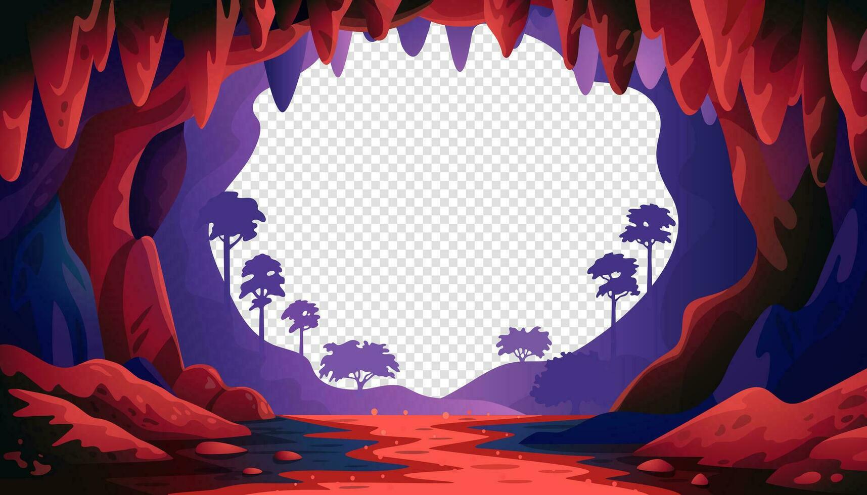 paysage vectoriel de la jungle. paysage de grottes avec une rivière rouge souterraine et une forêt. illustration vectorielle en style cartoon plat