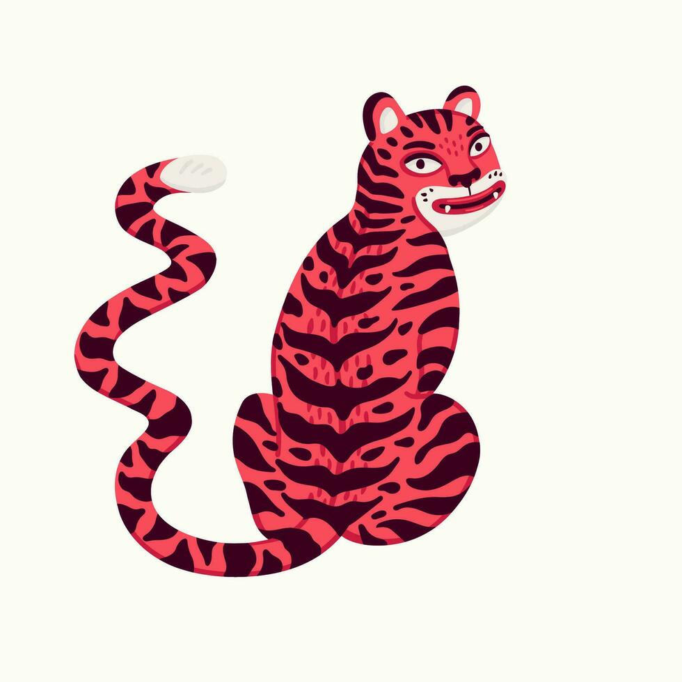 tigre vecteur illustration, dessin animé rose tigre séance sur blanc Contexte. biologique plat style vecteur illustration