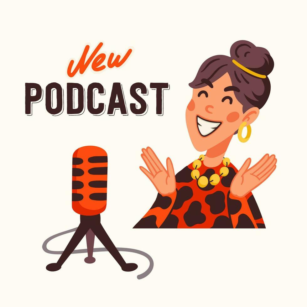 Nouveau podcast, blogueur fille, fabrication contenu pour une Podcast vecteur illustration. blogueur ou vlogger, dessin animé femelle personnage fabrication l'Internet contenu vecteur plat illustration